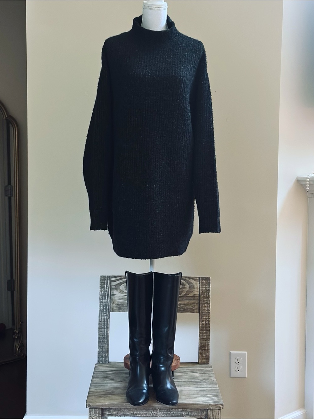Zara Black Mock Neck Longline Tunic Sweater Size S